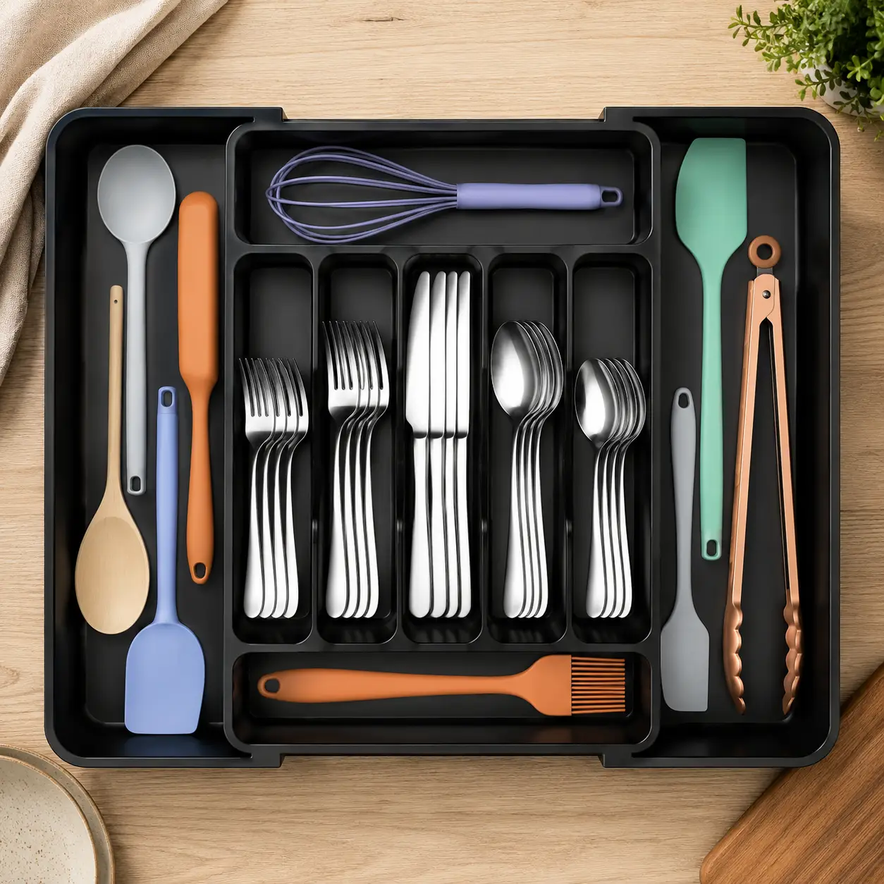 Ukeetap extra large expandable black silverware organizer in a kitchen drawer